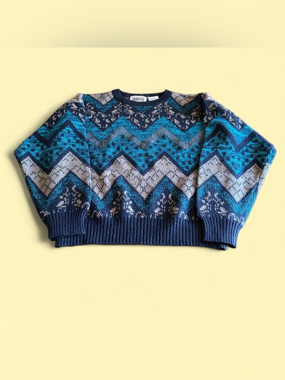 Vintage Gabrielle Sweater Women’s M Oversized Acrylic Geometric Leather Trim